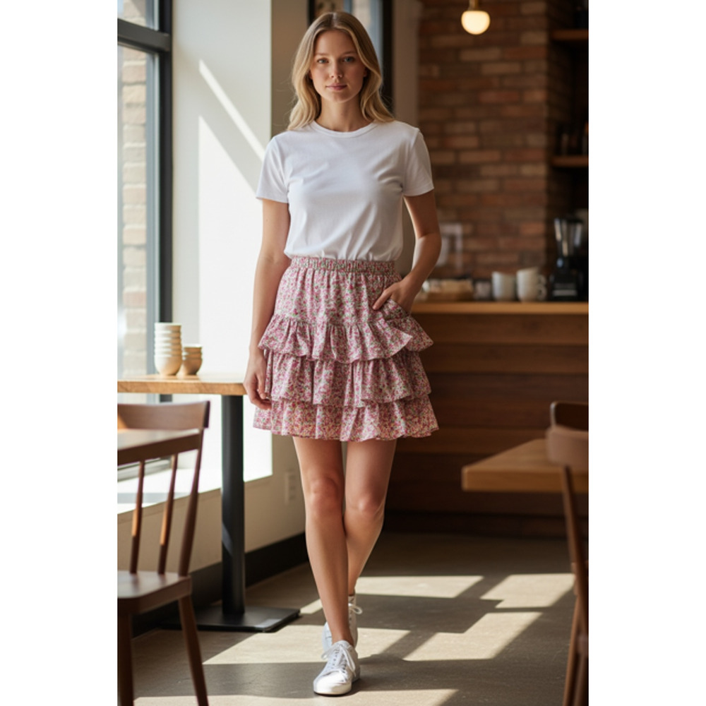 Lilou - Pink Floral Ruffle Mini Skirt - XLarge